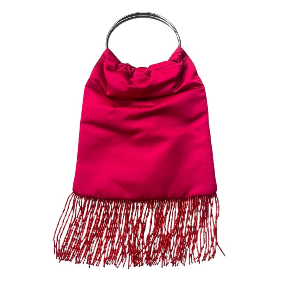 Red embroidered floral bag with red beaded fringe - Picture 2 of 4
